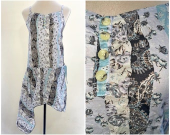 Blue Gray Slip Dress | floral faux patchwork print | cotton blend drop waist mini | small | 1990s vintage