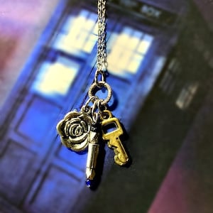 10th Doctor Must-Have Necklace | companion Rose Tyler, blue sonic screwdriver, and TARDIS key