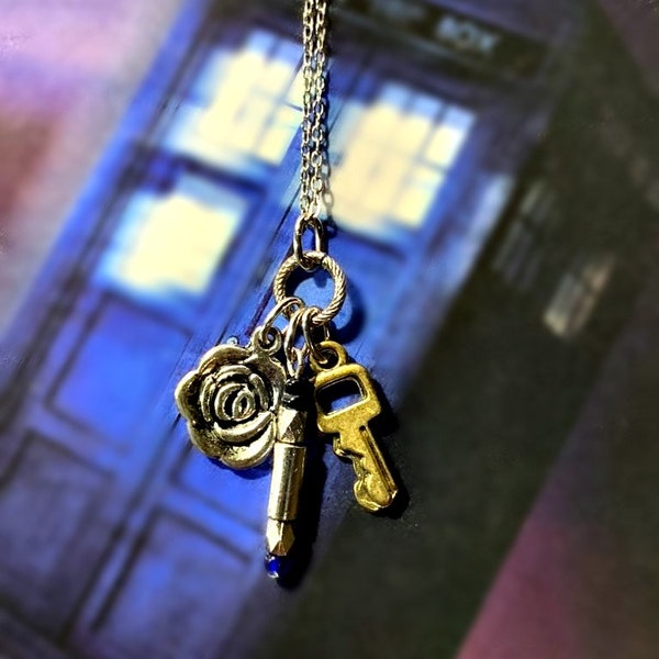 10th Doctor Must-Have Necklace inspired by Doctor Who | companion Rose Tyler, blue sonic screwdriver, and TARDIS key