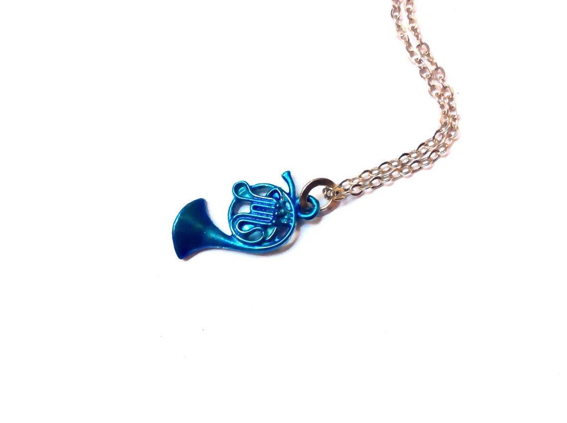 Blue French Horn Necklace Musical Instrument Charm Music Etsy