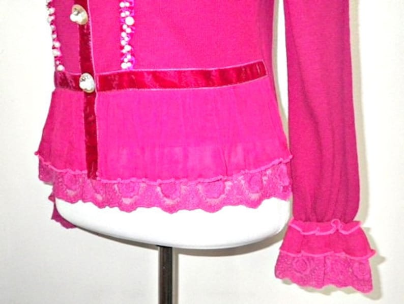 Sale: fuchsia pink pullover striped long sleeved top with lace and embellishments free size