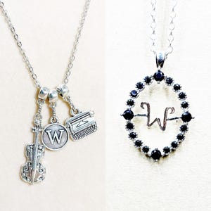 Wednesday Necklace | cello, letter W initial monogram, typewriter charms | family things | WenClair fandom ship | Morticia M reversible
