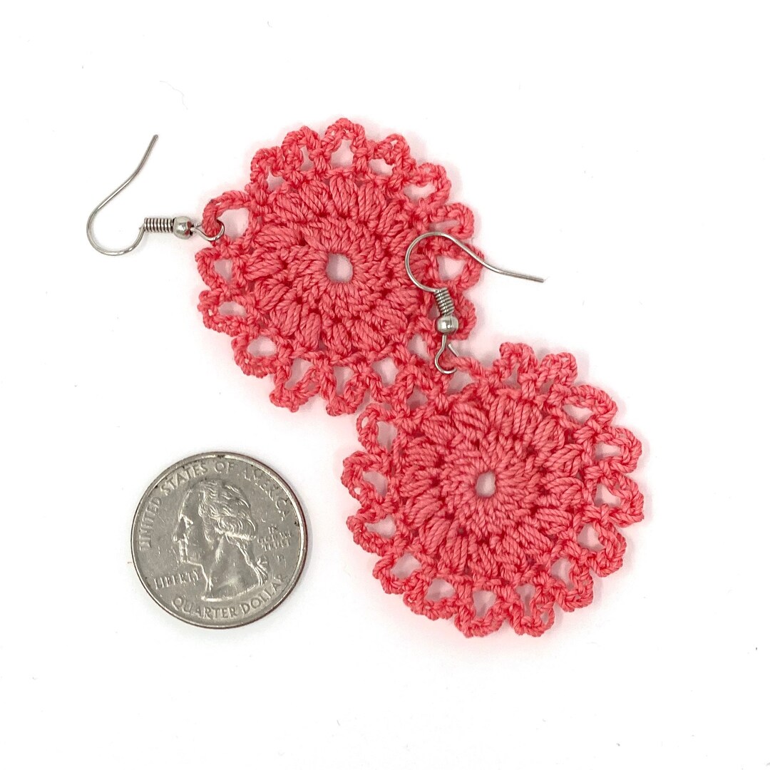 Crochet Circle Earring, Hand Crochet Earring, Coral Color Earring, Boho