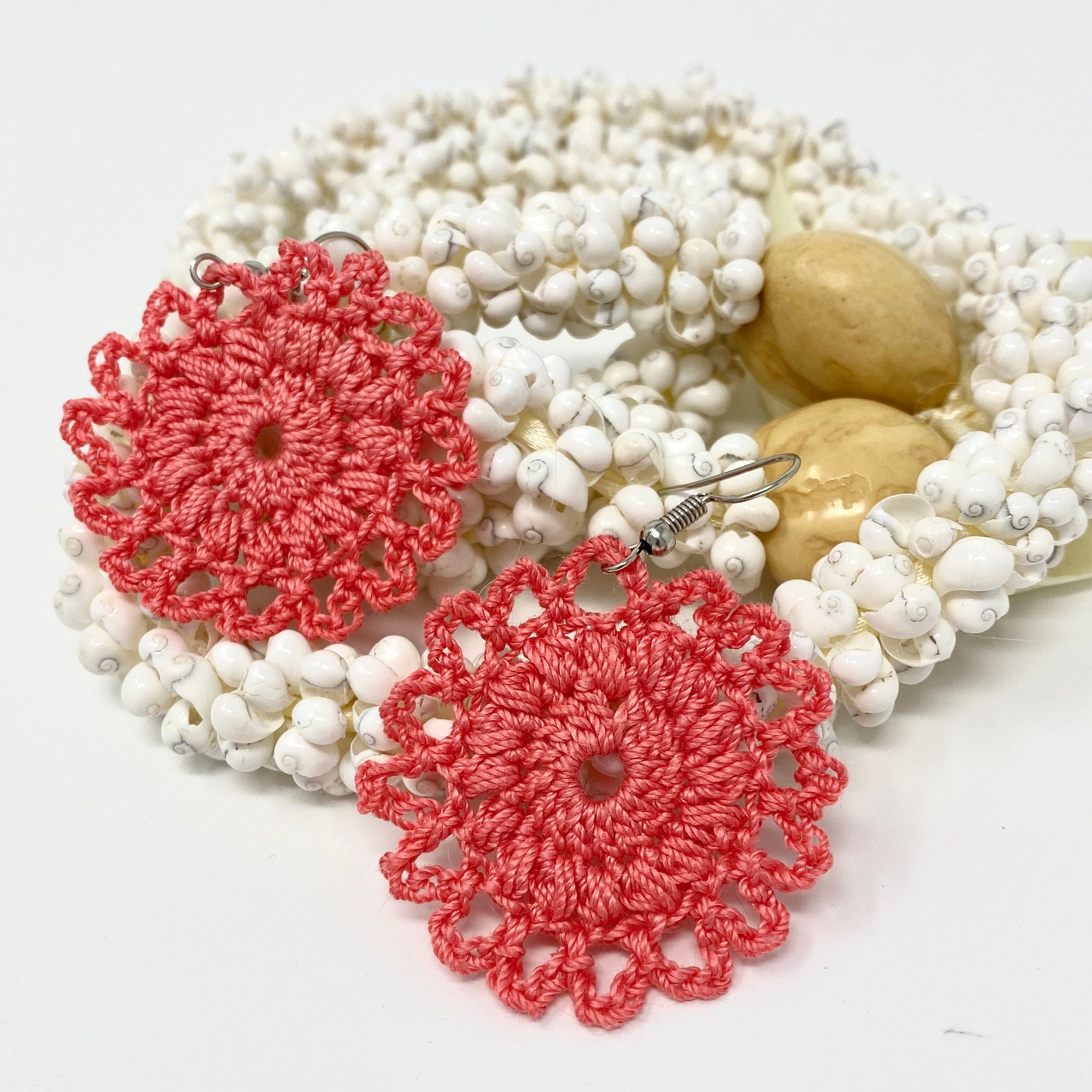 Crochet Circle Earring Hand Crochet Earring Coral Color Etsy UK