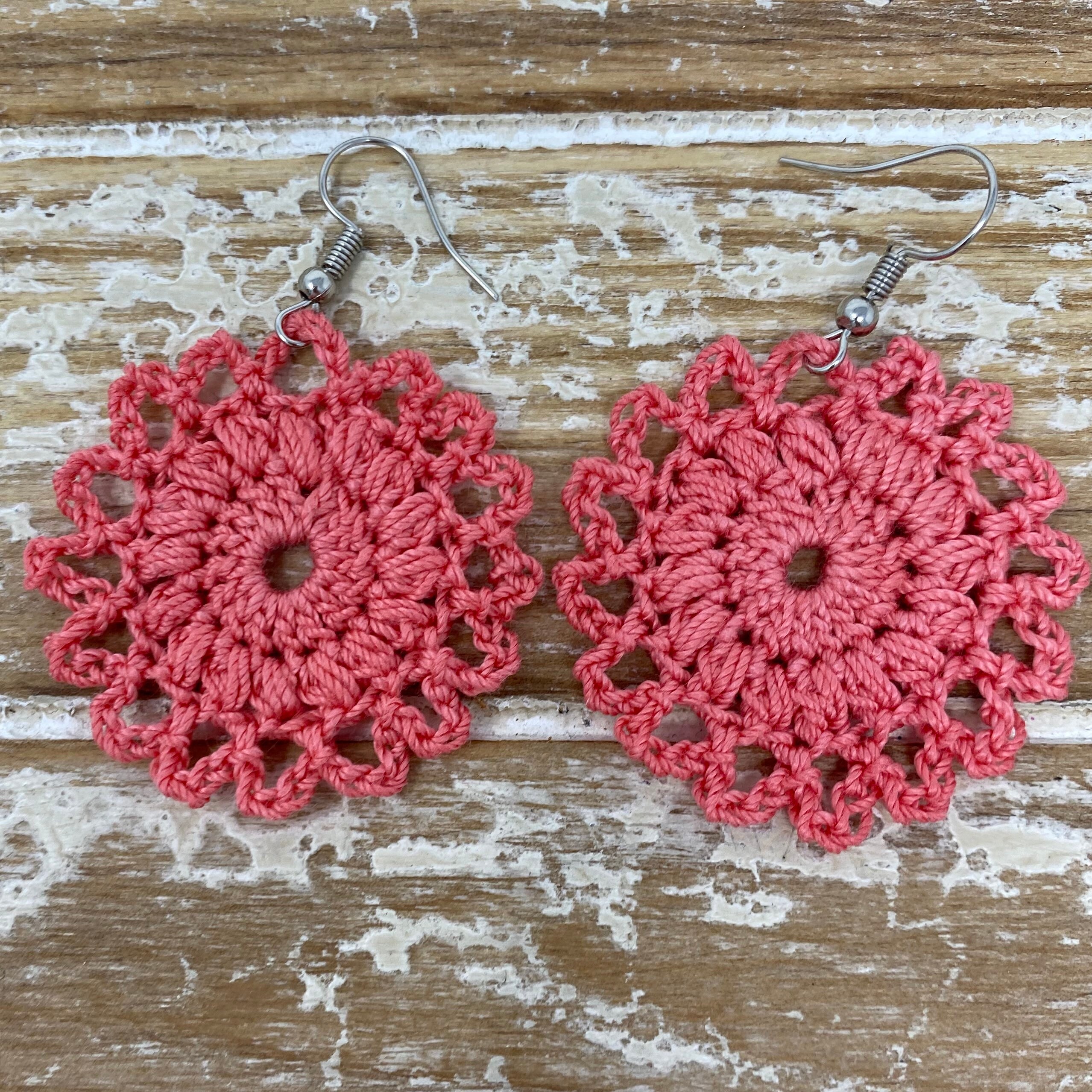 Crochet Circle Earring, Hand Crochet Earring, Coral Color Earring, Boho