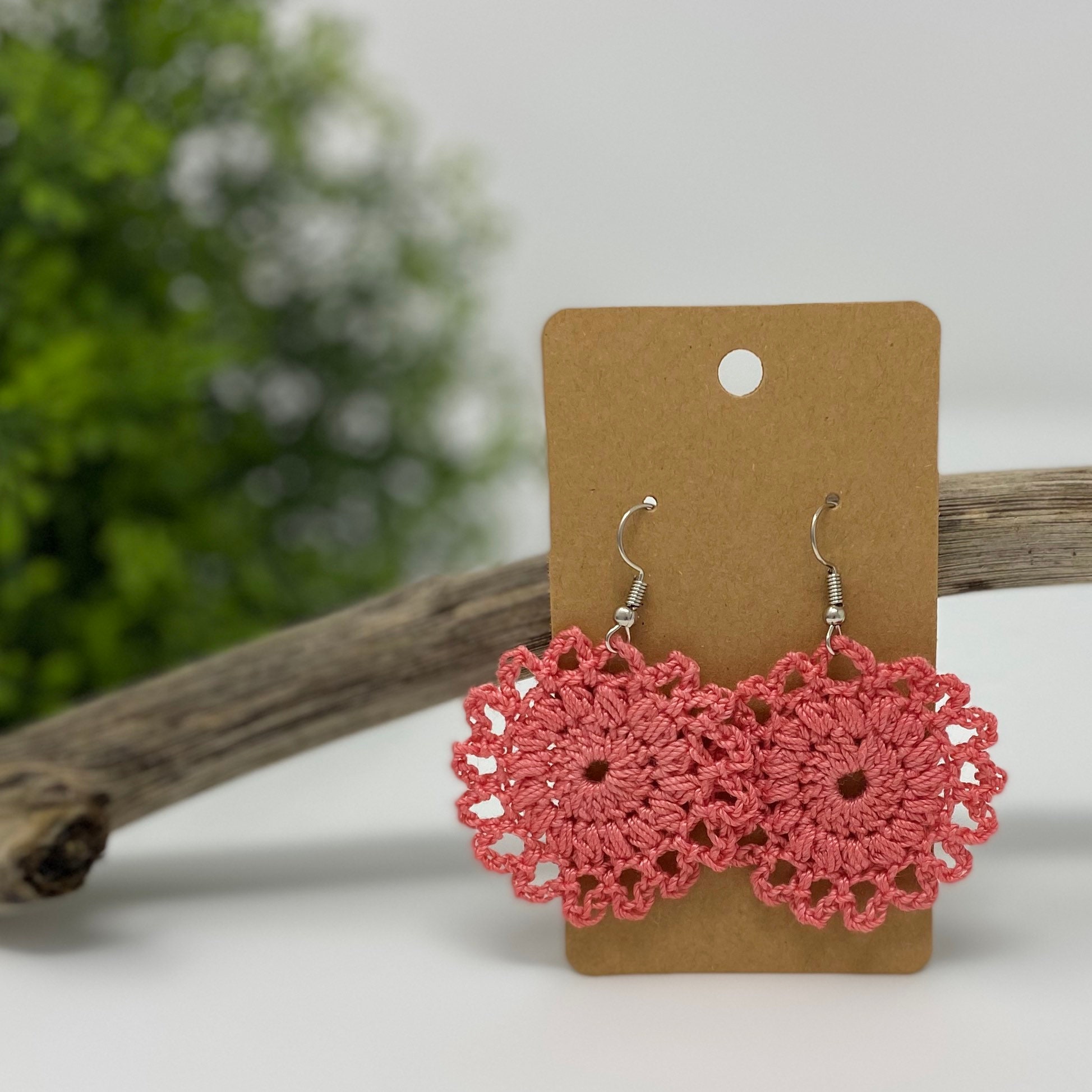 Crochet Circle Earring, Hand Crochet Earring, Coral Color Earring, Boho