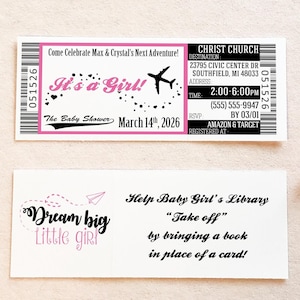 Airplane Baby Shower Boarding Pass Invitation, It’s a Girl Printed Tickets, Travel Themed Baby Sprinkle, Books for Baby Raffle Invite