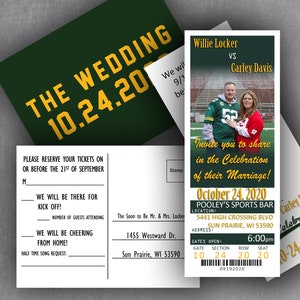 Football Wedding Ticket Invitations and RSVP Postcard, Green Bay Sports Theme Tailgate Party Invite Set, Unique Oregon Reception Card image 1