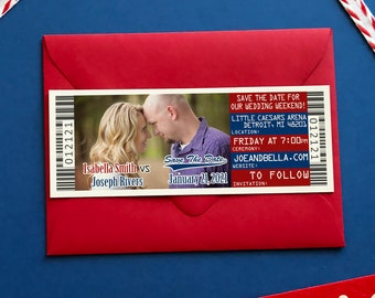 Ticket Save the Date Magnet, Sports Team Theme Ticket Invitation Template, Custom Baseball, Hockey, Football Wedding Invite Digital Download