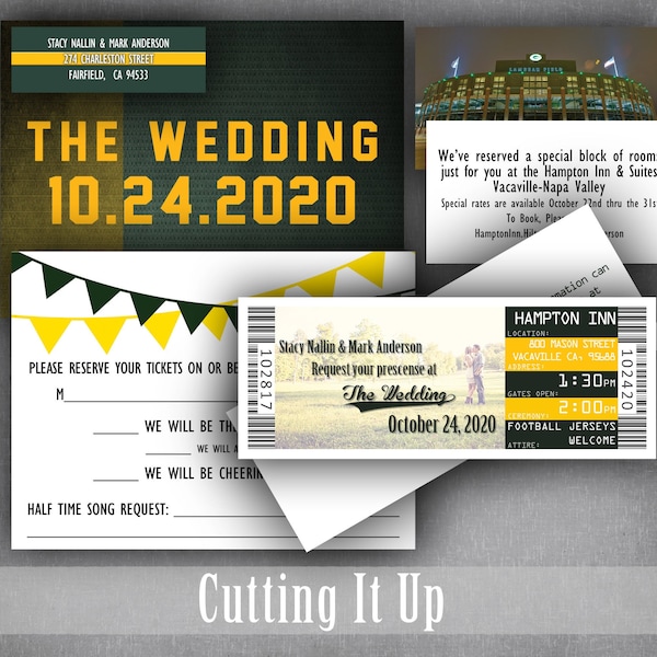 Football Wedding Invitation Ticket and RSVP / Sports Theme Save the Date Invite Set / Green and Yellow Packers Ducks Hotel Detail Card