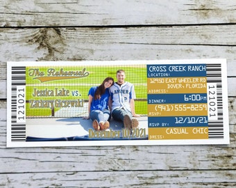 Baseball Wedding Rehearsal Dinner Ticket Invitation, Navy and Gold Sports Theme Bridal Shower Invite, I Do BBQ Engagement Party Lunch Idea