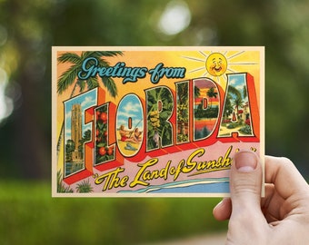Greetings From Florida Save The Date Postcard Wedding Invitation, Daytona Beach, Fort Myers, Jacksonville, Miami Post Card Invite