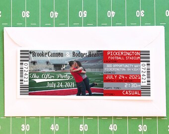 Ohio State Wedding Ticket Invitation Suite, Football Engagement Photo Invite and RSVP Postcard Template, University Tailgate Reception Cards