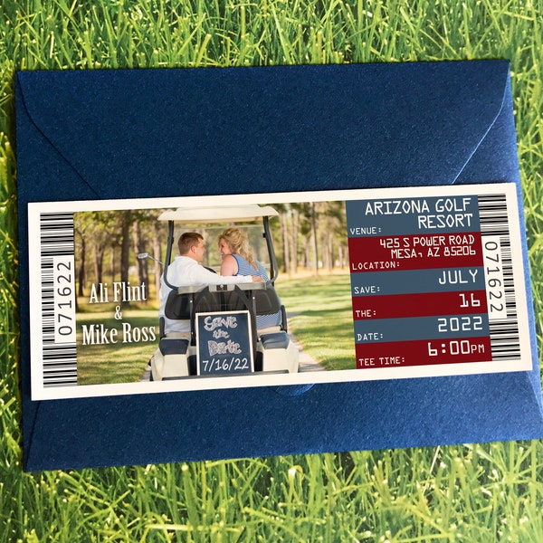 Golf Ticket Save the Date Magnet, Disc Golf Wedding Theme Ticket Invitation Template Download, DIY Elopement Reception Announcement Card