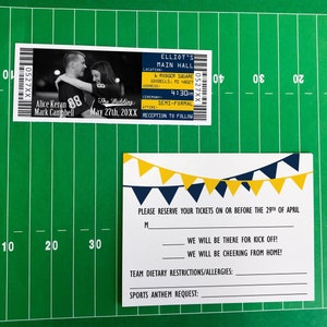 Michigan Football Wedding Ticket Invitation with RSVP Card, West Virginia Tailgate Theme Elopement Announcement Reception Invite Template