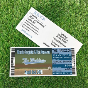 Invitation de billet de mariage de baseball avec talon RSVP détachable, modèle de billet Jack et Jill, billet d'avion de carte d'embarquement avec demande de chanson