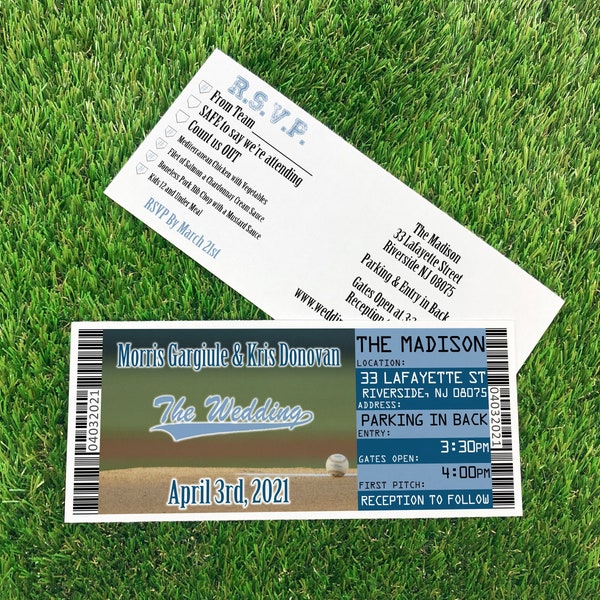 Baseball Wedding Ticket Invitation with Tear Off RSVP Stub, Jack and Jill Ticket Template, Boarding Pass Plane Ticket with Song Request