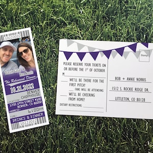 Colorado Baseball Rehearsal Dinner Ticket Invitation and RSVP Postcards, Sacramento Sports Team Wedding I Do BBQ Ballpark Theme Invite