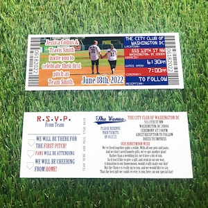Faire-part de mariage de baseball à New York avec talon de billet RSVP détachable et étiquettes d'adresse de retour, suite d'invitations thème Washington