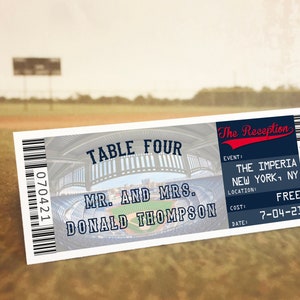 Marque-places pour billet de mariage baseball, cartes de table vierges New York, plan de salle de Philadelphie, modèle de carte de visite invité Ballpark à télécharger