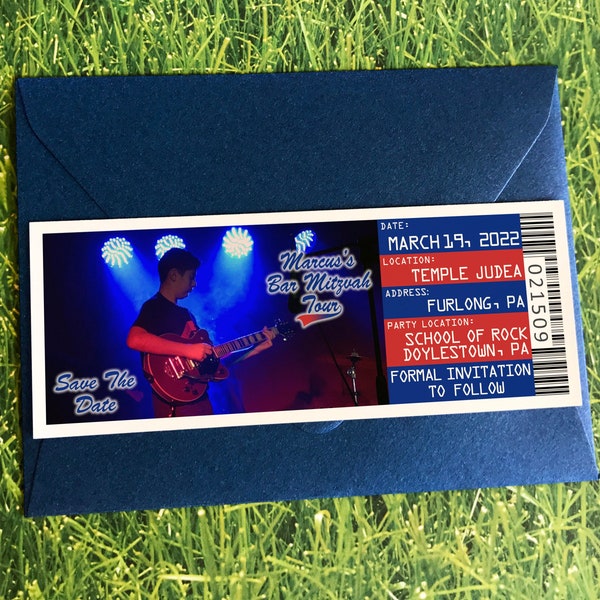 Bar Mitzvah Concert Ticket Save the Date Magnet, VIP Music 13th Birthday Ticket Invitation Template, Custom Guitar Player Bat Mitzvah Invite