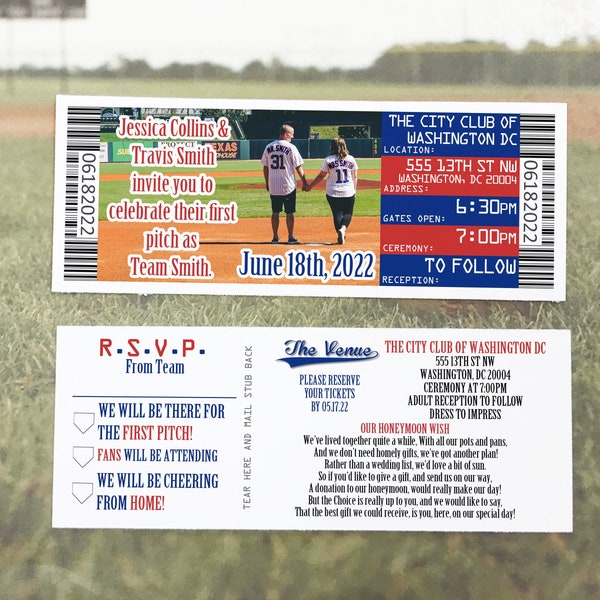 Chicago Baseball Wedding Ticket Invitation and RSVP Ticket Stub with Matching Return Address Labels, Wedding Invite and RSVP Card Suite