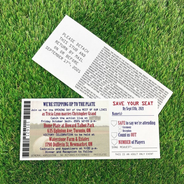 Texas Baseball Wedding Ticket Invitation with Tear Off RSVP Stub, Washington Printable Ticket Invite Template with Song Request