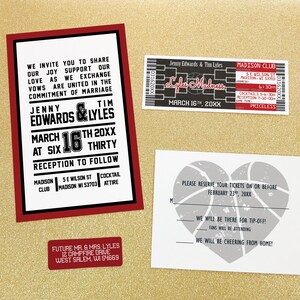 Basketball Ticket Invitation with RSVP Postcard, Wisconsin March Madness Wedding Theme, Louisville Team Tournament Party Invite Set