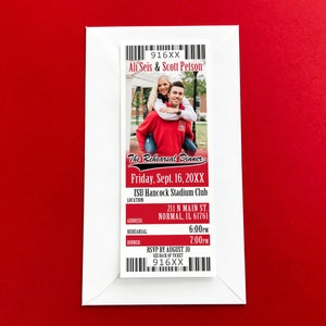 Rehearsal Dinner Ticket Invitation with RSVPs, Illinois Football Theme Wedding Invite, University Sports Tailgate Engagement Party Template