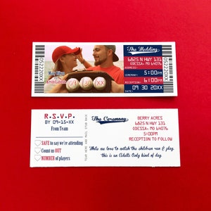 Invitation de billet de mariage de baseball St Louis avec talon de billet RSVP détachable et étiquette d'adresse de retour, invitations de mariage Minnesota Ballpark