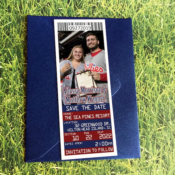 Ticket Save the Date Magnet, Philadelphia Baseball Wedding Ticket Invitation Template, Custom Texas Sports Team Ballpark Reception Invite