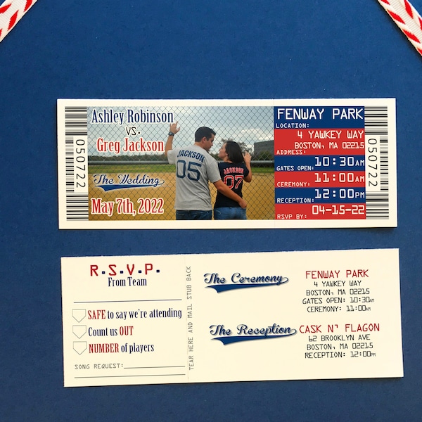 Baseball Ticket Tear Off RSVP Invitation, Boston Sports Wedding Theme Reply Ticket Stub Invite, Red Sox Printable Template with Song Request