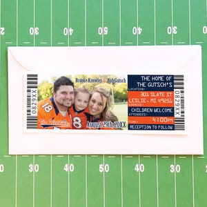 Football Wedding Invitation Ticket and RSVP Card, Denver Sports Team Wedding Invite Set, Chicago Tailgate Shower Invite Template With Photo