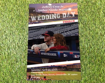 Magazine du programme de mariage de baseball d'Atlanta avec photos, itinéraire amusant plié du jour du mariage à Philadelphie et livret de la cérémonie juive ou catholique