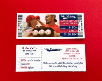 Invitation de billet de mariage de baseball St Louis avec talon de billet RSVP détachable et étiquette d'adresse de retour, invitations de mariage Minnesota Ballpark