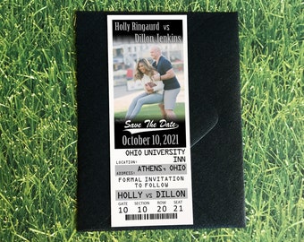 Las Vegas Football Ticket Save the Date Magnet, Wedding Ticket Invitation Template, College Engagement Photo Football Stadium Invites