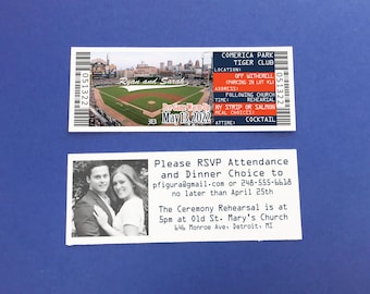 Detroit Baseball Wedding Rehearsal Dinner Ticket Invitations, Houston Theme Reception Invite and RSVP, Personalized I Do BBQ Invite Template