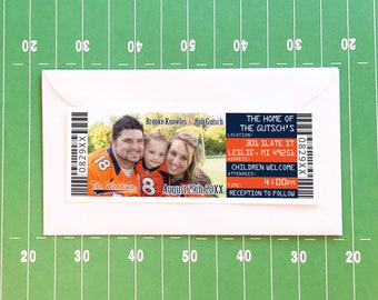 Football Wedding Invitation Ticket and RSVP Card, Denver Sports Team Wedding Invite Set, Chicago Tailgate Shower Invite Template With Photo