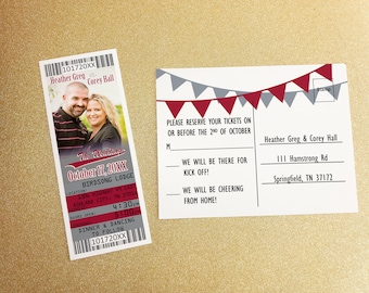Football Wedding Invitation Tickets, Alabama Theme Fall Wedding Invites and RSVP Card Set, Washington Printable Ticket Invite Template