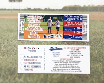 Invitation de billet de mariage de Chicago Baseball et talon de billet RSVP avec étiquettes d'adresse de retour assorties, invitation de mariage et suite de cartes RSVP