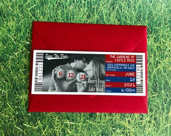 Billet Save The Date Magnet, modèle d’invitation de billet de mariage de baseball de Boston, invitation personnalisée à la réception d’évasion du Texas Ballpark