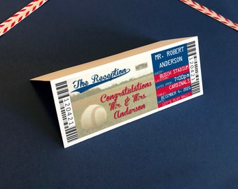 Modèle de carte de marque pour un billet de baseball, cartes de table avec tableau des sièges de mariage à Atlanta avec photo, cartes de table vierges St Louis avec choix de repas