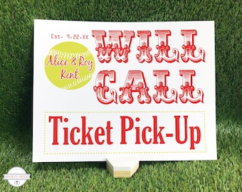 Softball Wedding Ticket Pick Up Place Card Sign / Will Call Seating Card Bat Mitzvah Poster / Sports Theme Reception Party Decor