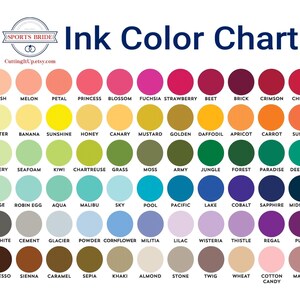 wedding stationery ink color chart displaying custom print color options for invitations, signs, save the dates and postcards, with labeled swatches and CuttingItUp.etsy.com branding