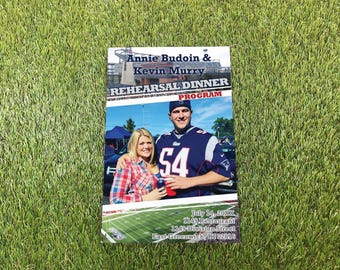Rehearsal Dinner Program Magazine, New England Football Tailgate Wedding Day Itinerary and Lineup, Buffalo Multi Page Timeline Booklet