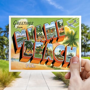 Les salutations de la Floride font gagner la carte postale | Invitation à Miami Beach, Daytona et Fort Myers | Conception vintage amusante d'invitations à des cartes avec des grandes lettres