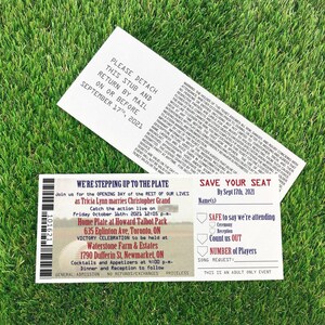 May include: A white rectangular wedding invitation designed as a baseball ticket with red and blue text. It features a baseball graphic, event details for Tricia Lynn and Christopher Grand on October 16th, 2021, and a detachable RSVP stub.