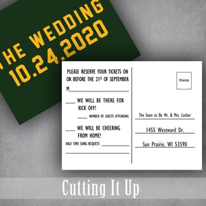 Football Wedding Ticket Invitations and RSVP Postcard, Green Bay Sports Theme Tailgate Party Invite Set, Unique Oregon Reception Card image 4