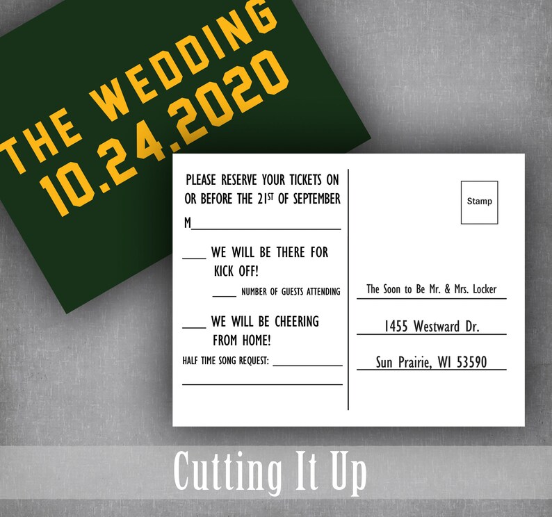 Football Wedding Ticket Invitations and RSVP Postcard, Green Bay Sports Theme Tailgate Party Invite Set, Unique Oregon Reception Card image 4