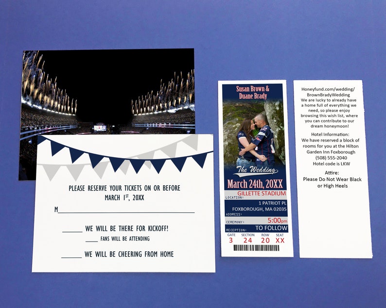 Football Ticket Invitation and RSVP Card, New England Wedding Invite and Postcard Suite Template, New York Tailgate Theme Shower Invite image 1